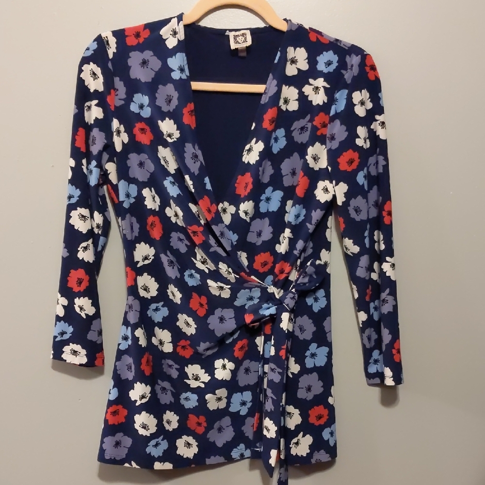 Anne Klein Navy Floral Wrap Top